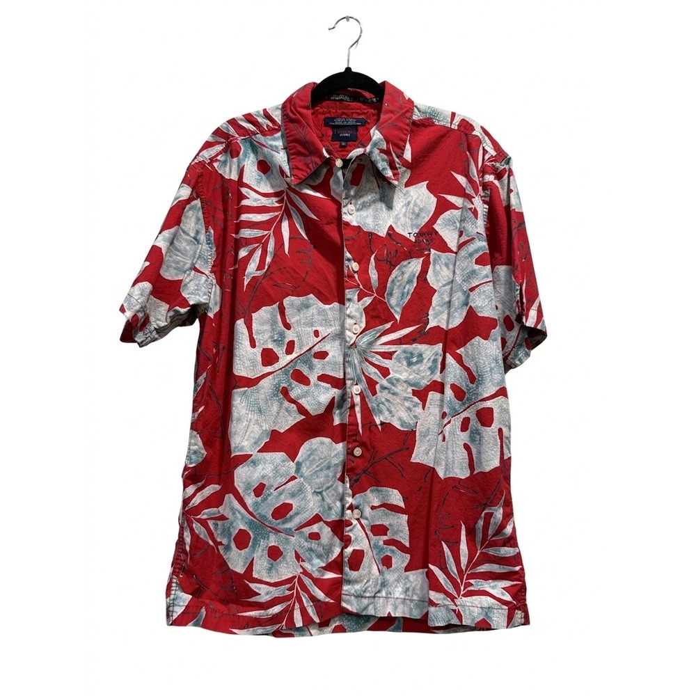 Tommy Jeans Mens Large Red Tropical Floral Button Down Shirt Short Sleeve Cotton